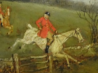 Antique 19thc ORIGINAL SPORTING EQUESTRIAN FOX HUNTING OIL ON PANEL PAINTING (2 OF 2)