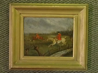 Antique 19thc ORIGINAL SPORTING EQUESTRIAN FOX HUNTING OIL ON PANEL PAINTING (1 OF 2)