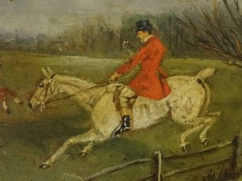 Antique 19thc ORIGINAL SPORTING EQUESTRIAN FOX HUNTING OIL ON PANEL PAINTING (1 OF 2)