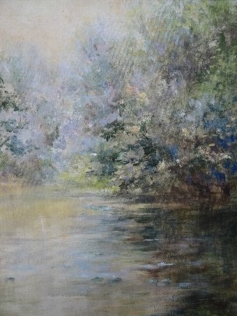 Antique FABULOUS MID CENTURY IMPRESSIONIST WOODLAND POND LANDSCAPE OIL ON BOARD PAINTING