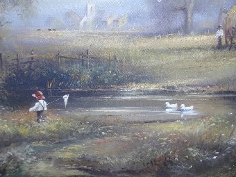 Antique STUNNING 20th CENTURY EDWARDIAN SCENE LANDSCAPE OIL PAINTING WITH CHILD FISHING