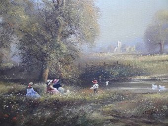 Antique STUNNING 20th CENTURY EDWARDIAN SCENE LANDSCAPE OIL PAINTING WITH CHILD FISHING