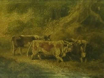 Antique 'Bull & Cattle' BEAUTIFUL PERIOD 19thc MINIATURE OIL ON MAHOGANY PANEL PAINTING