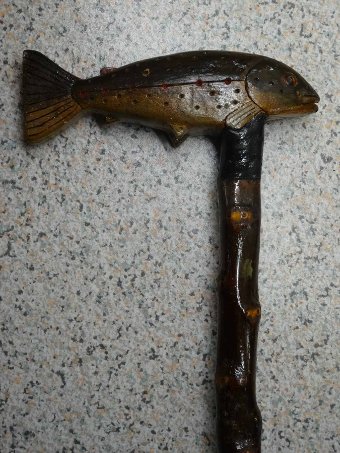 Antique ANTIQUE VINTAGE HAND CARVED ANGLING FISHING RAINBOW TROUT WALKING STICK CANE