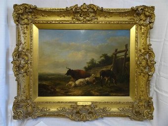 Antique Eugene Verboeckhoven 1798-1881 MAGNIFICENT cow & sheep LANDSCAPE OIL PAINTING