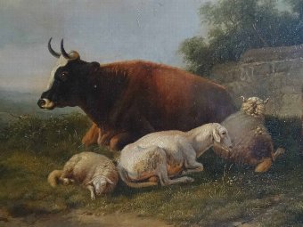 Antique Eugene Verboeckhoven 1798-1881 MAGNIFICENT cow & sheep LANDSCAPE OIL PAINTING