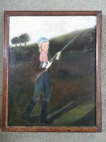 Antique  DELIGHTFUL 1920's ANTIQUE NAIVE OIL PAINTING OF A GUN GIRL - SHOOTING - SPORTING