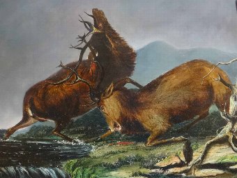 Antique The Scottish Fighting Stags - STUNNING 19thc HIGHLAND DEAR LANDSCAPE PAINTING