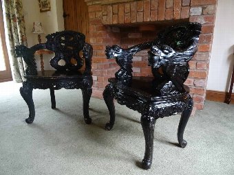 Antique 4 19thc PERIOD ANTIQUE CHINESE DRAGON CARVED PADAUK ARMCHAIRS - TABLE AVAILABLE