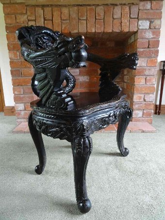 Antique SUPERB 19thc PERIOD ANTIQUE CHINESE DRAGON CARVED TABLE & 4 MATCHING ARMCHAIRS