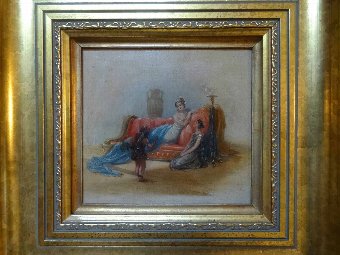 Antique FABULOUS EARLY 20thc OIL ON OAK PANEL PAINTING 'A GREEK GODDESS WITH SLAVE BOY'
