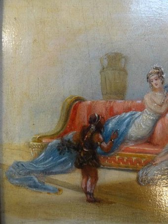 Antique FABULOUS EARLY 20thc OIL ON OAK PANEL PAINTING 'A GREEK GODDESS WITH SLAVE BOY'