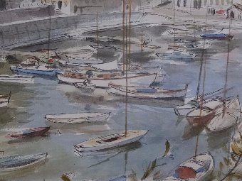 Antique 'Dennis James' (Fl 1960's) Pen, Ink & Watercolour painting of a Harbour scene