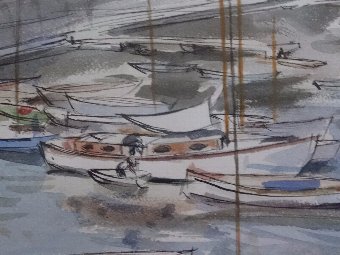 Antique 'Dennis James' (Fl 1960's) Pen, Ink & Watercolour painting of a Harbour scene
