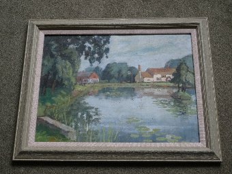 Antique 'The Village Pond, Hanley Swan, Worcestershire' ORIGINAL LANDSCAPE OIL PAINTING
