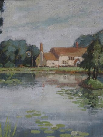 Antique 'The Village Pond, Hanley Swan, Worcestershire' ORIGINAL LANDSCAPE OIL PAINTING
