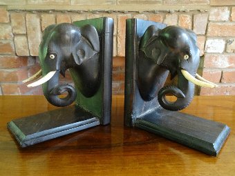 Antique A PAIR OF 19thc VICTORIAN ANTIQUE INDIAN CARVED ELEPHANT LIBRARY BOOK BOOKENDS