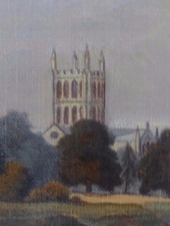 Antique BEAUTIFUL 19thc ANTIQUE VICTORIAN LANDSCAPE OIL PAINTING OF HEREFORD CATHEDRAL