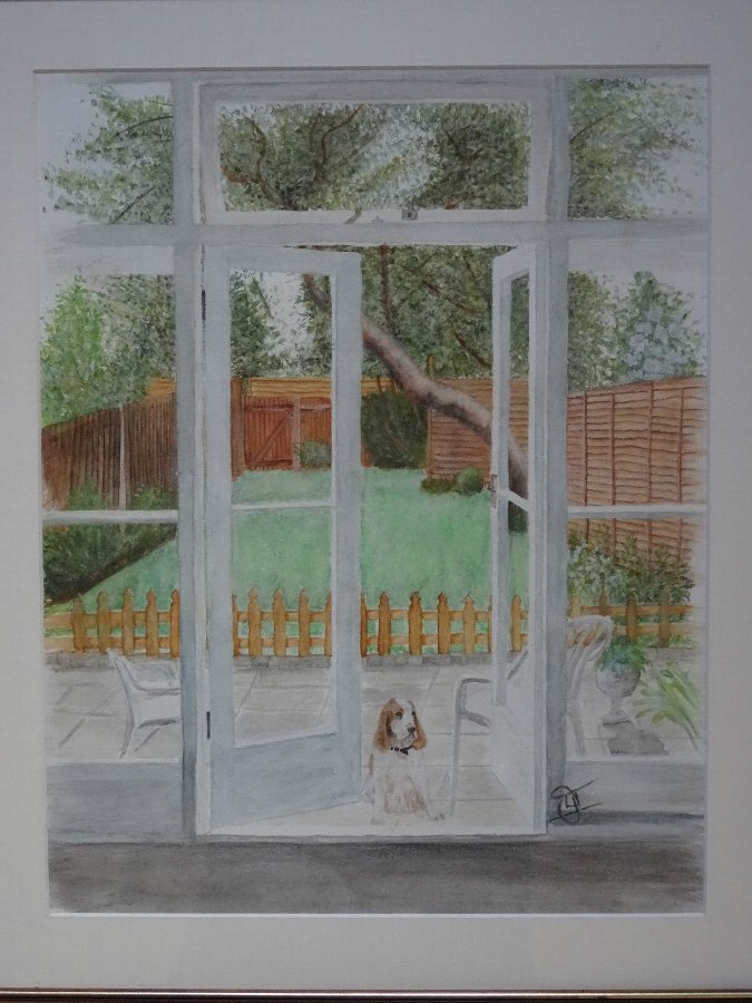 'Puppy waiting at the Back Door' ORIGINAL BOTANICAL GARDEN WATERCOLOUR PAINTING