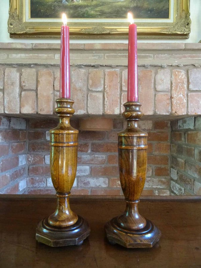 Antique QUALITY PAIR OF 1920's ANTIQUE ENGLISH OAK CANDLESTICK HOLDERS - STUNNING PATINA