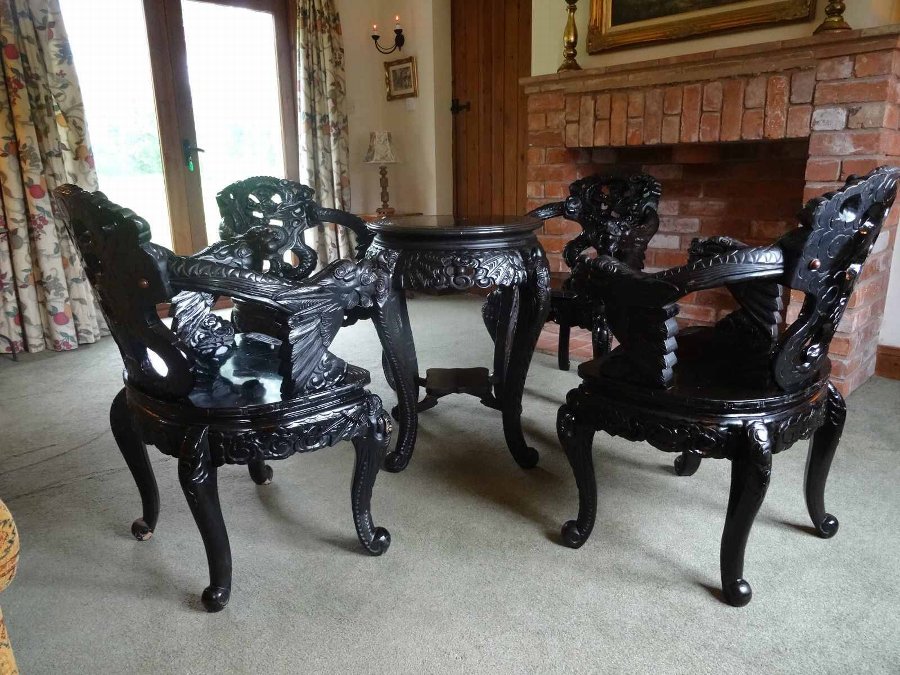 Antique SUPERB 19thc PERIOD ANTIQUE CHINESE DRAGON CARVED TABLE & 4 MATCHING ARMCHAIRS