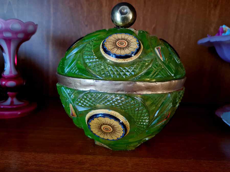 Antique Antique Bohemian Uranium Vaseline Glass Bombonier For Islamic Market