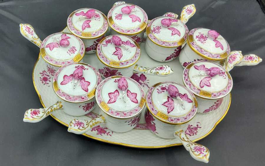 Antique Herend, Porcelain Chocolate Service Consisting Of Ten Cups And A Tray