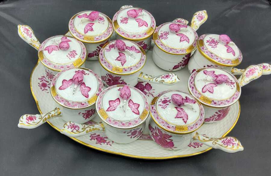 Antique Herend, Porcelain Chocolate Service Consisting Of Ten Cups And A Tray