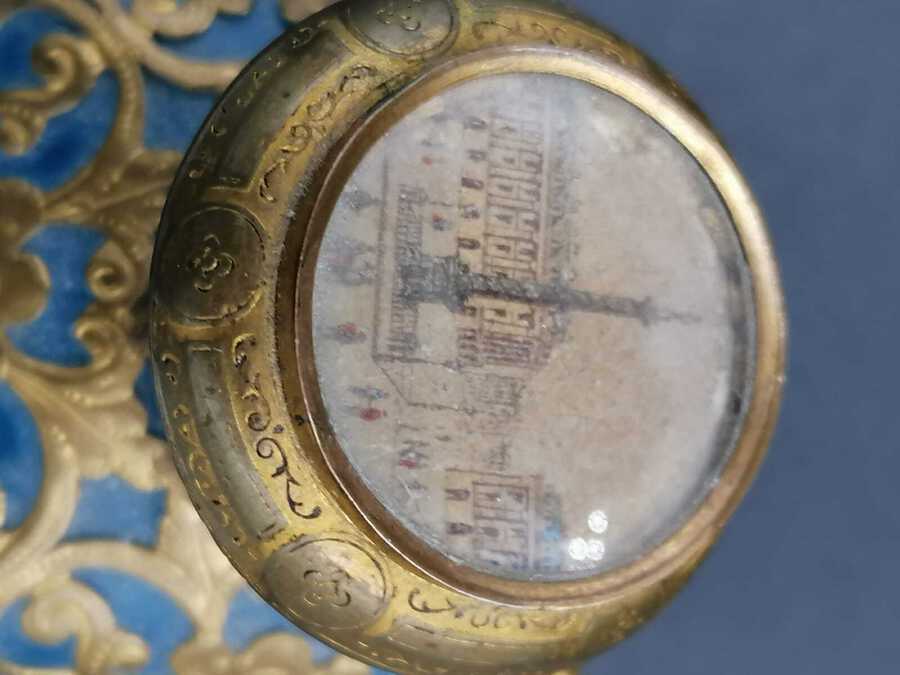 Antique Old Palais Royal Blue Opaline Glass Perfume Bottle With A Miniature Of Paris