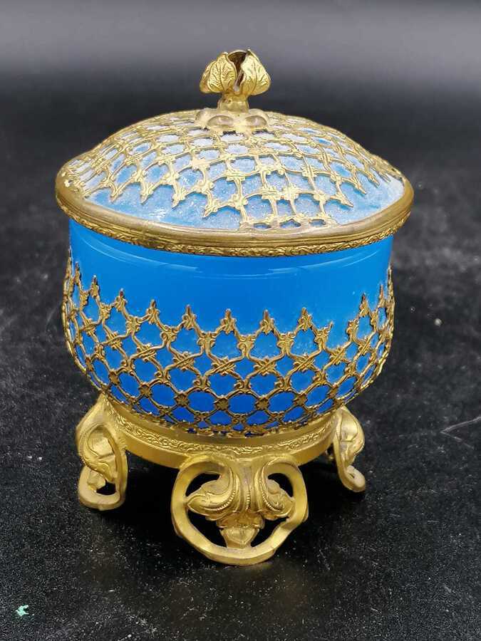 Antique Palays Royale Box In Blue Opaline And Gold Brass Frame