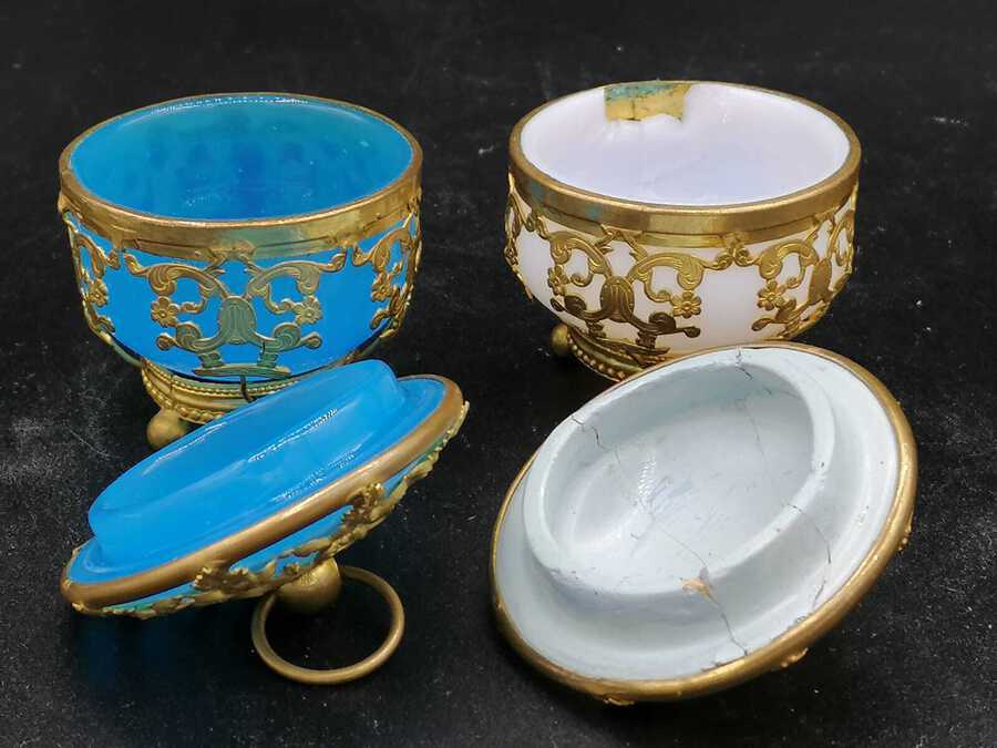 Antique Palays Royale Pair Of Boxes In Blue Opaline And Golden Brass Frame
