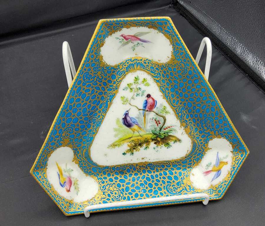 Antique 18th Century Vincennes Porcelain Tray In Blue Lapis Hand Painted With Birds