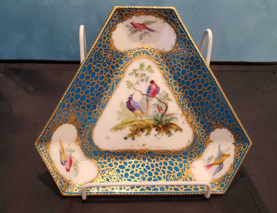 Antique 18th Century Vincennes Porcelain Tray In Blue Lapis Hand Painted With Birds