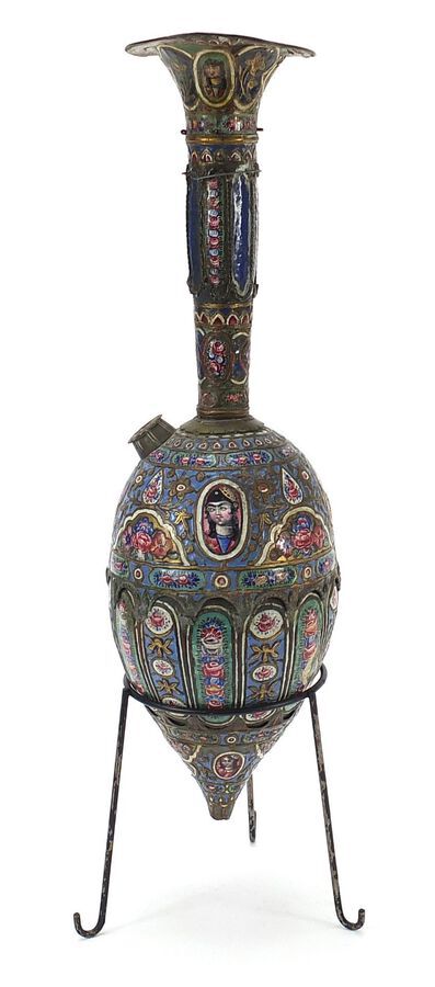 19th Century Persian Qajar Enamel Hookah On Base With Mouthpiece And Reservoir