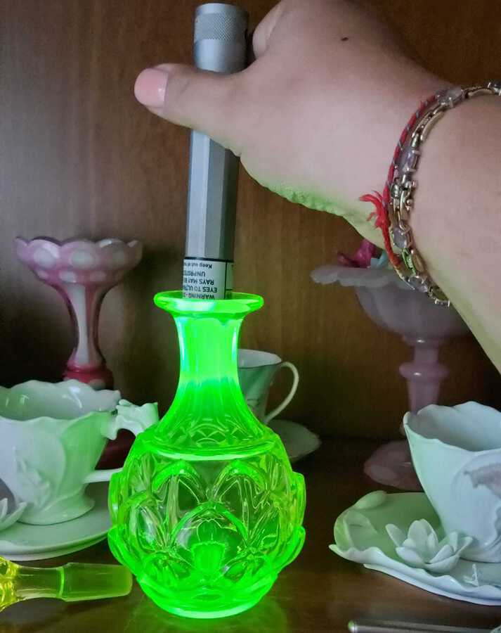 Antique Antique Bohemian Vaseline Uranium Glass Perfume Bottle / Decanter, Artichoke Vaseline Glass Bottle