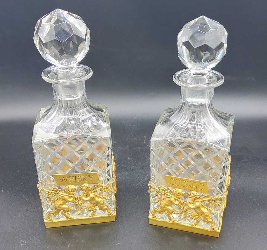 Antique Pair Of Ormolu French Whiskey And Cognac Cut Crystal Decanters