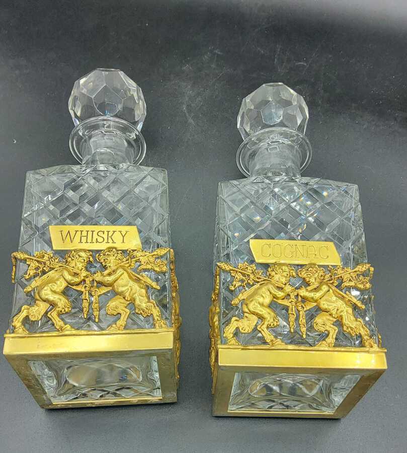 Antique Pair Of Ormolu French Whiskey And Cognac Cut Crystal Decanters