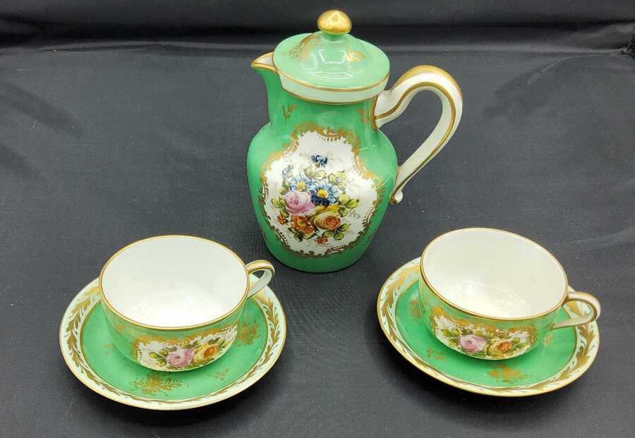 Sèvres Style Tête-à-tete Coffee Service In Emerald Green Painted With Bouquets Of Flowers