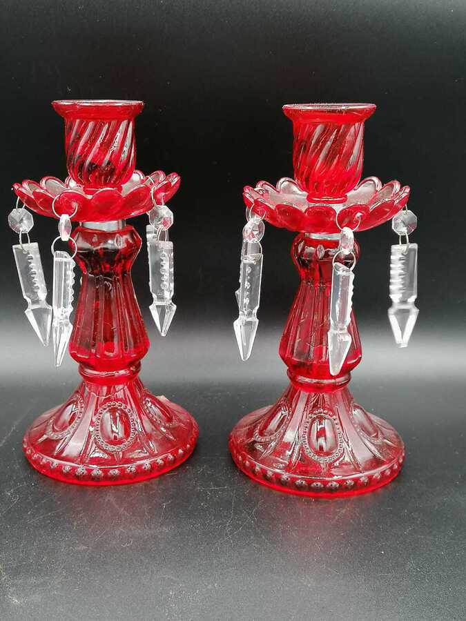 Pair of lusters in ruby Bohemian glass