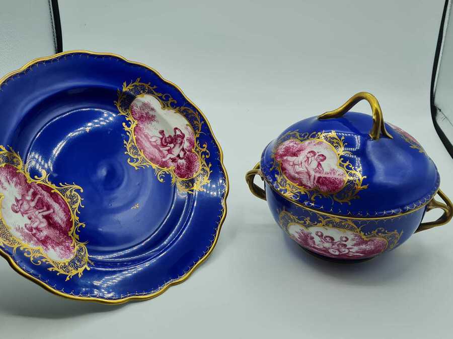 Dresden 19 century Porcelain Ecuelle,Antique German Porcelain covered bowl plate