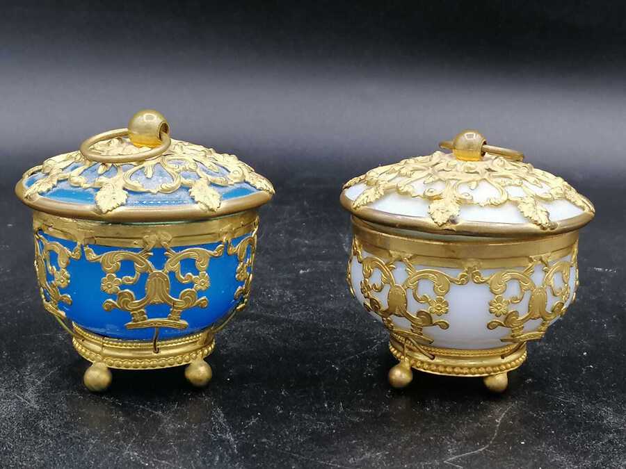 Antique Palays Royale Pair Of Boxes In Blue Opaline And Golden Brass Frame