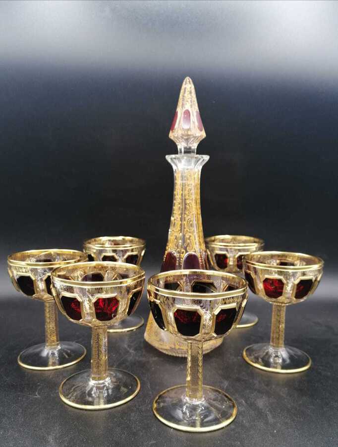 Antique Moser Cabochon Ruby Champagne Glass 19th / Flute Covered With 24k Gold, Set Of 6