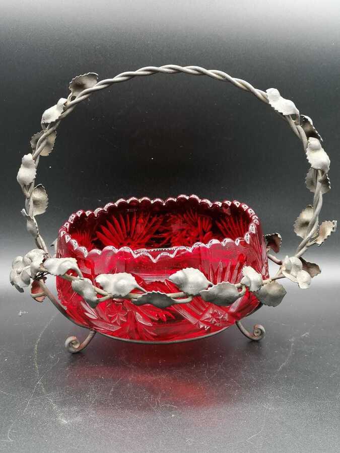 Antique Czech Bohemian crystal fruit bowl in pigeon blood red color