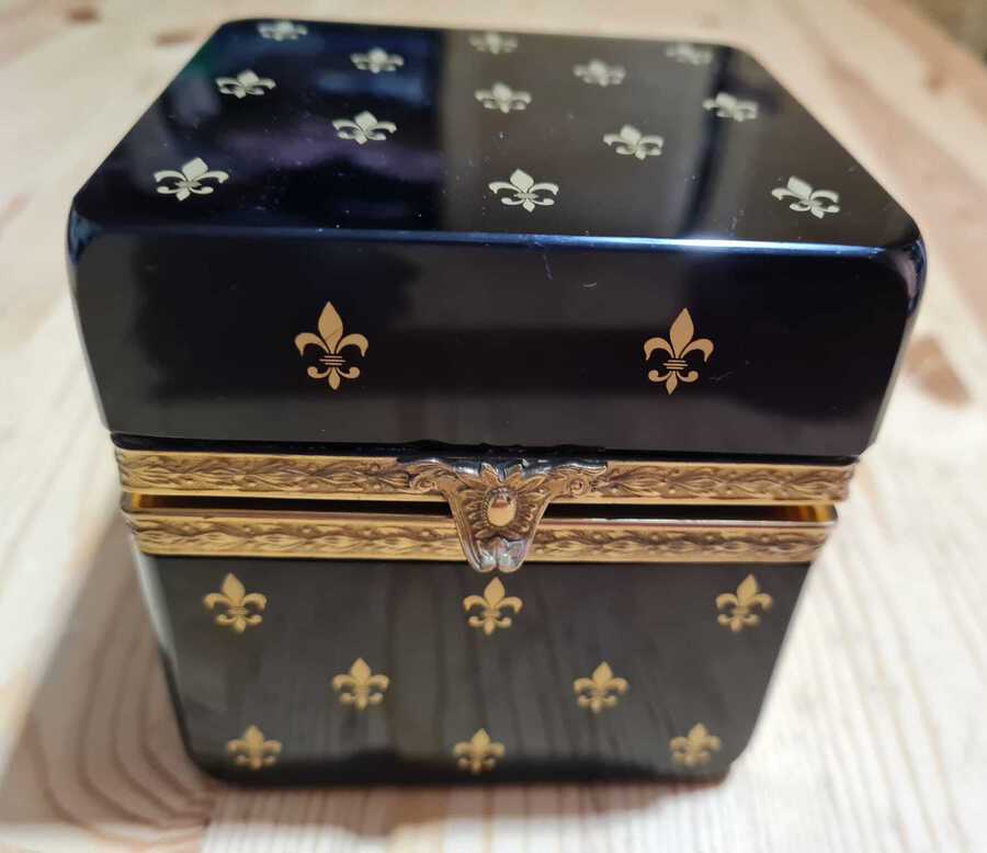 Antique Bohemian glass box In dark purple color with golden French lily decor