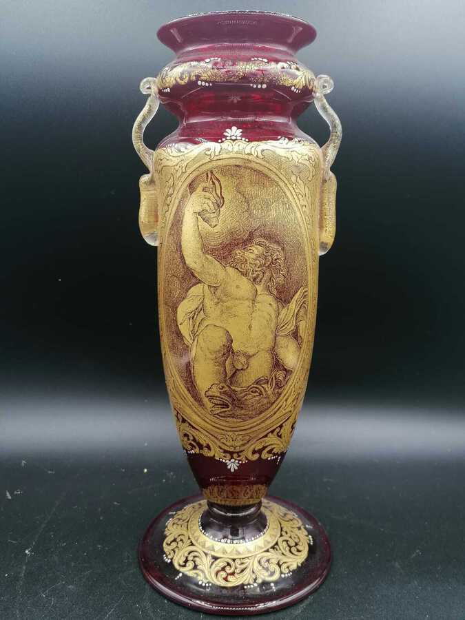 Antique Venetian glass vase / amphora, double sided golden decor. neptune by Gb Ponchino