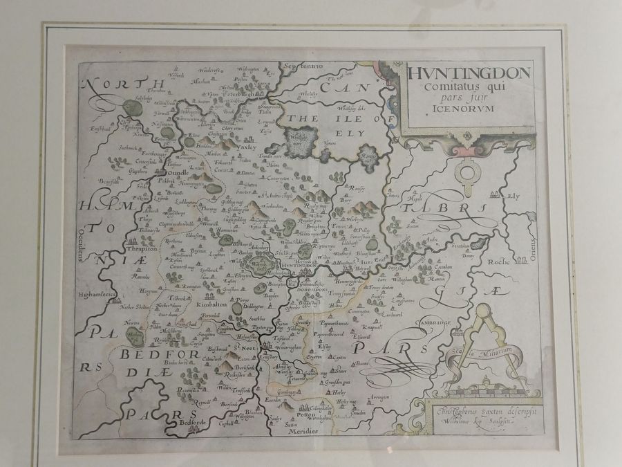 Christopher Saxton hand-coloured map of Huntingdon dating circa 1607