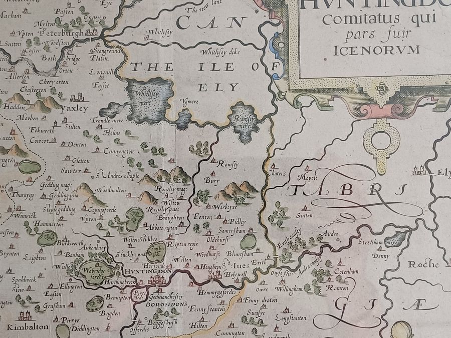 Antique Christopher Saxton hand-coloured map of Huntingdon dating circa 1607