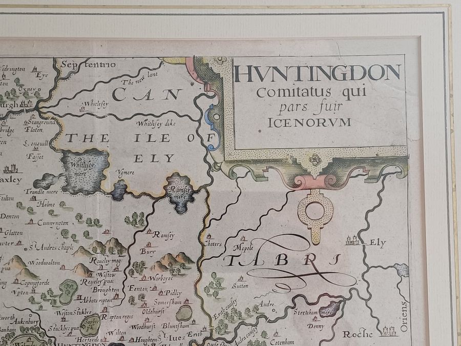 Antique Christopher Saxton hand-coloured map of Huntingdon dating circa 1607