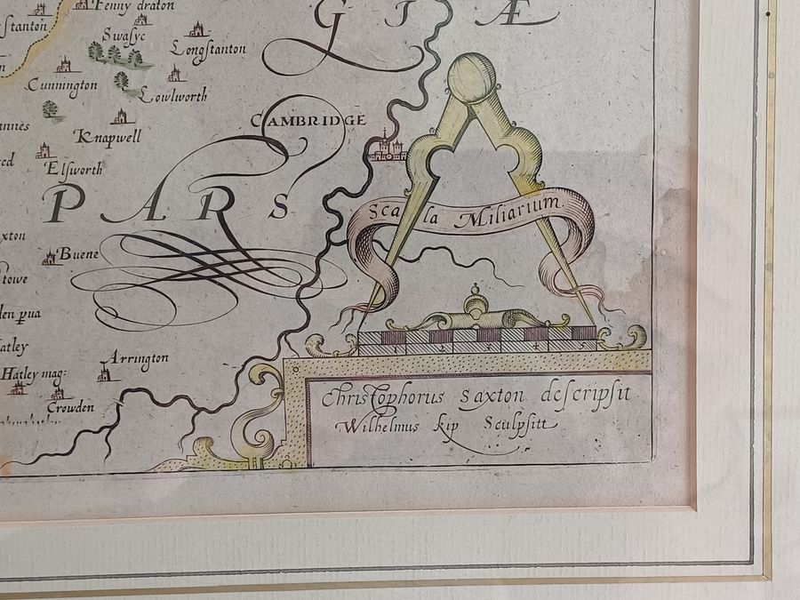 Antique Christopher Saxton hand-coloured map of Huntingdon dating circa 1607