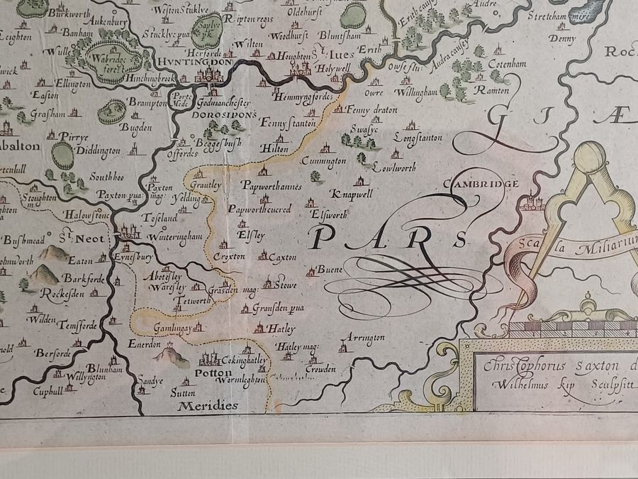 Antique Christopher Saxton hand-coloured map of Huntingdon dating circa 1607